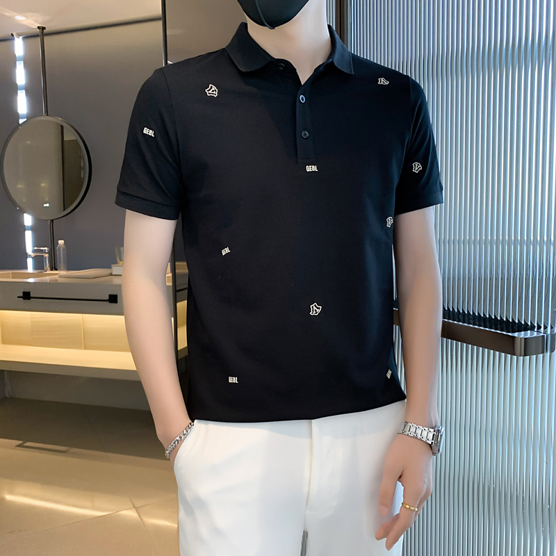 21010#夏新款V字刺绣精品男士纯色polo衫男翻领T恤潮特P48控78，男装T恤，电商C309