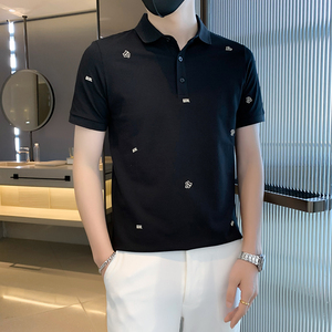 21010#夏新款V字刺绣精品男士纯色polo衫男翻领T恤潮特P48控78，男装T恤，电商C309