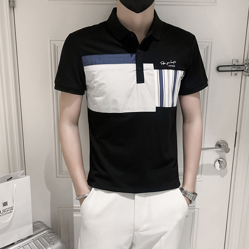 夏款条纹拼接男士休闲polo衫小伙风翻领T恤男潮86023#P55,男装T恤,电商C309