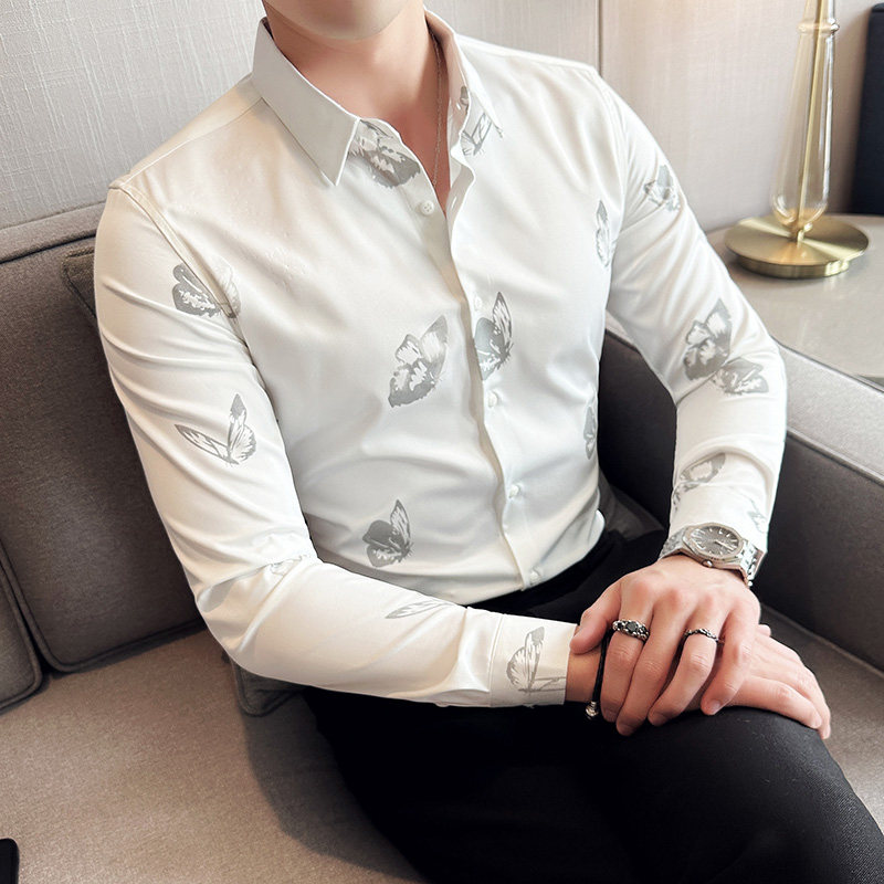 2025秋季新款带夜光蝴蝶印花男士精品长袖休闲衬衫潮623#P58,男装衬衫,电商C309
