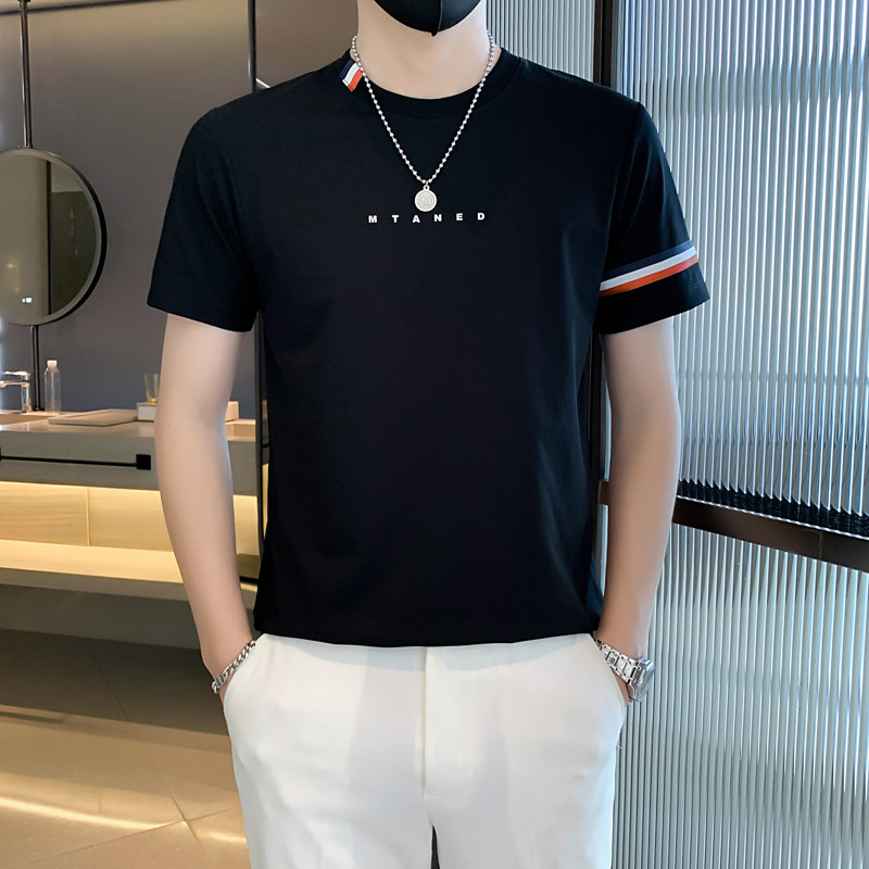 23366#夏季新款印花编织带条纹男士圆领T恤纯色短袖潮特P48控78,男装T恤,电商C309