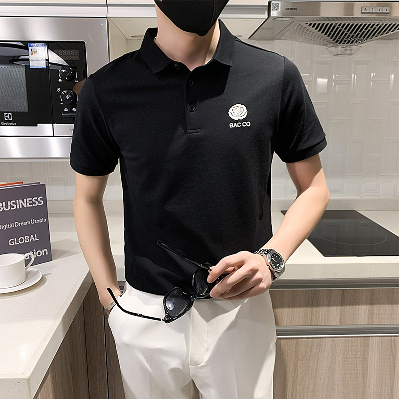 夏季新款小玫瑰刺绣男士修身polo衫翻领短袖T恤潮97010#P58控78,男装T恤,电商C309