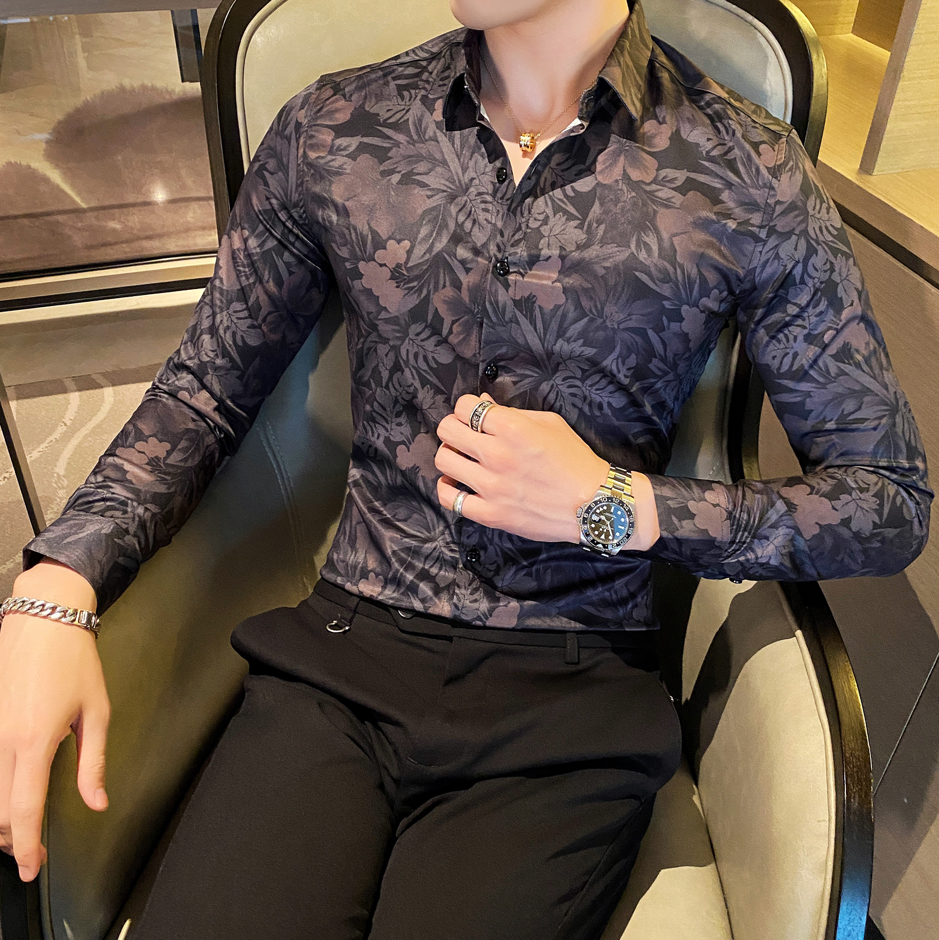 C802#/2025秋款男士韩版修身长袖印花衬衫英伦店主潮P58，男装衬衫，电商C309