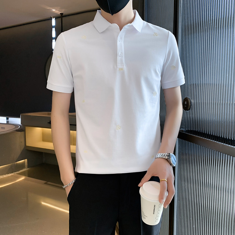 21010#粉夏新款V字刺绣精品男士纯色polo衫男翻领T恤潮特P48控78,男装T恤,电商C309