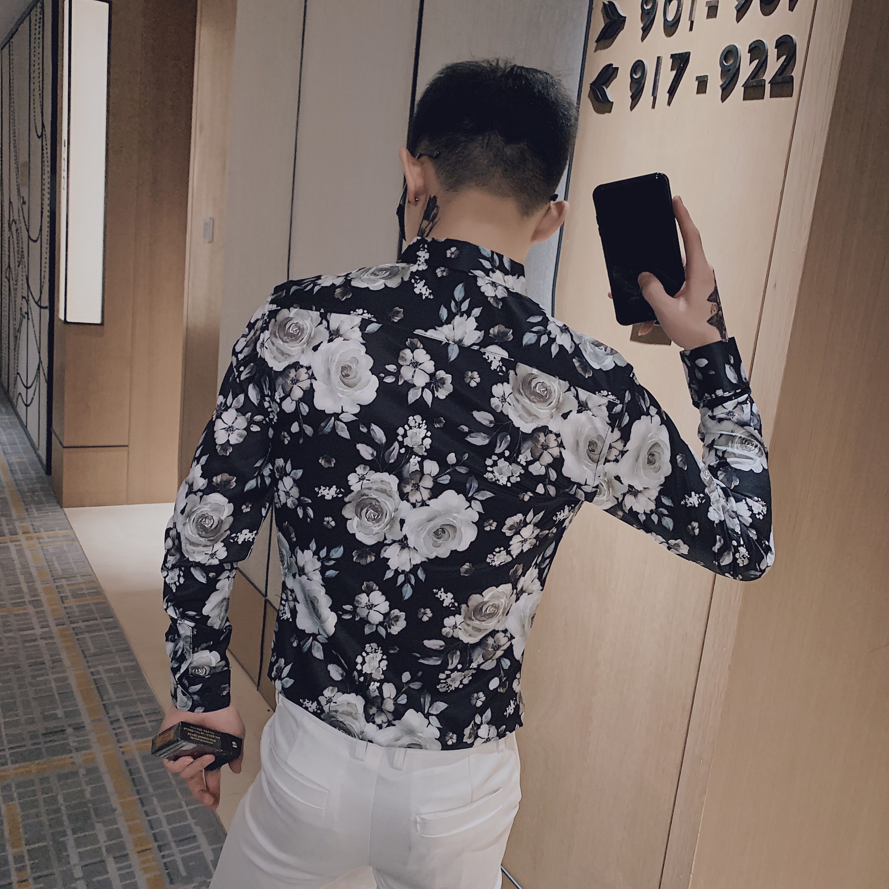 C912#_黑小伙风男士韩版修身社会长袖休闲印花衬衫潮男P58,男装衬衫,电商C309