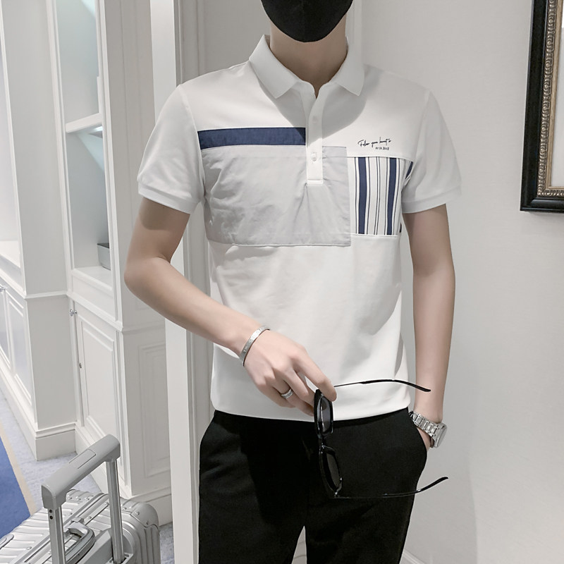 86023#夏季新款条纹拼接男士休闲polo衫社会轻熟翻领T恤潮P55,男装T恤,电商C309