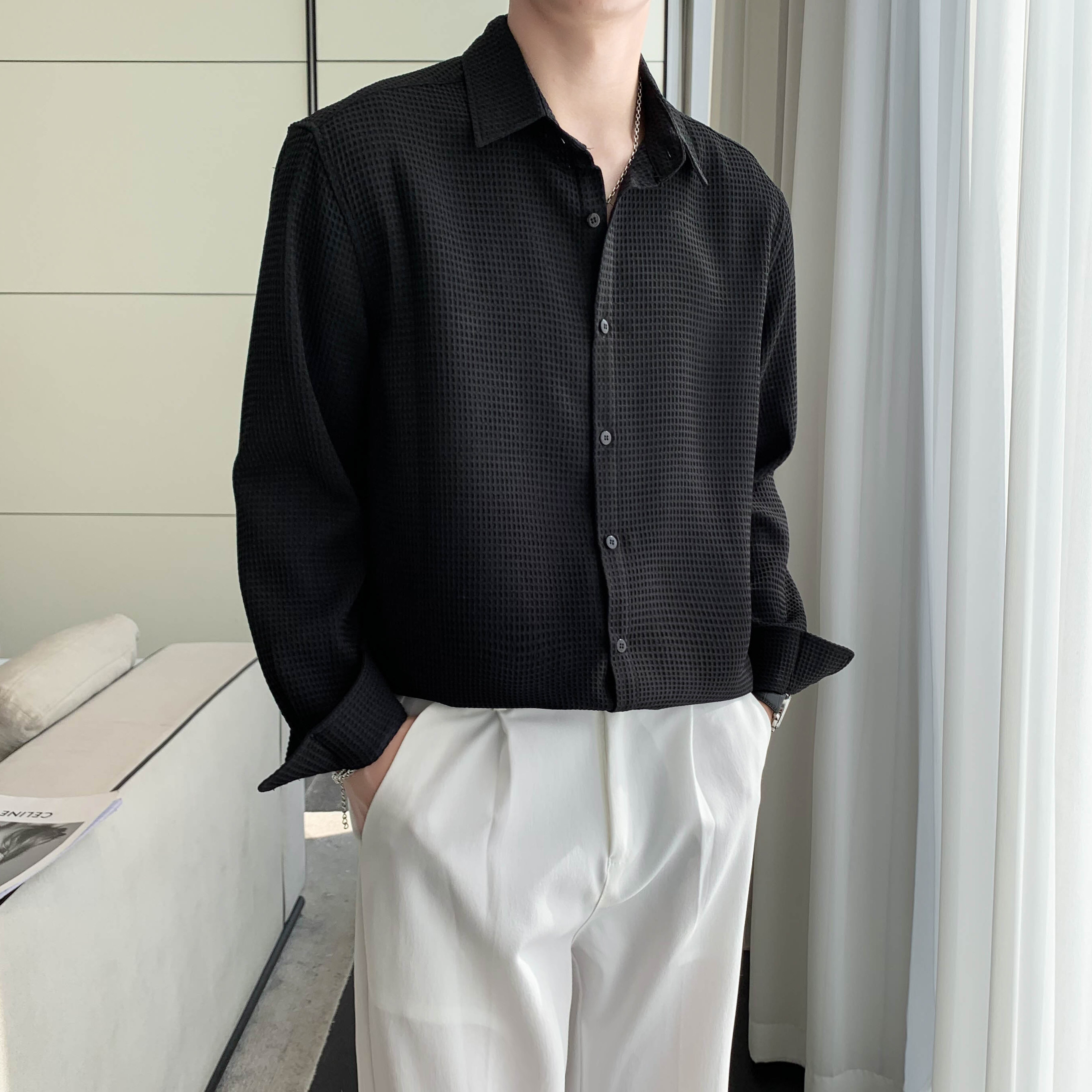 C881#黑_春秋款轻熟风华夫格男士长袖宽松休闲纯色衬衫P55图片
