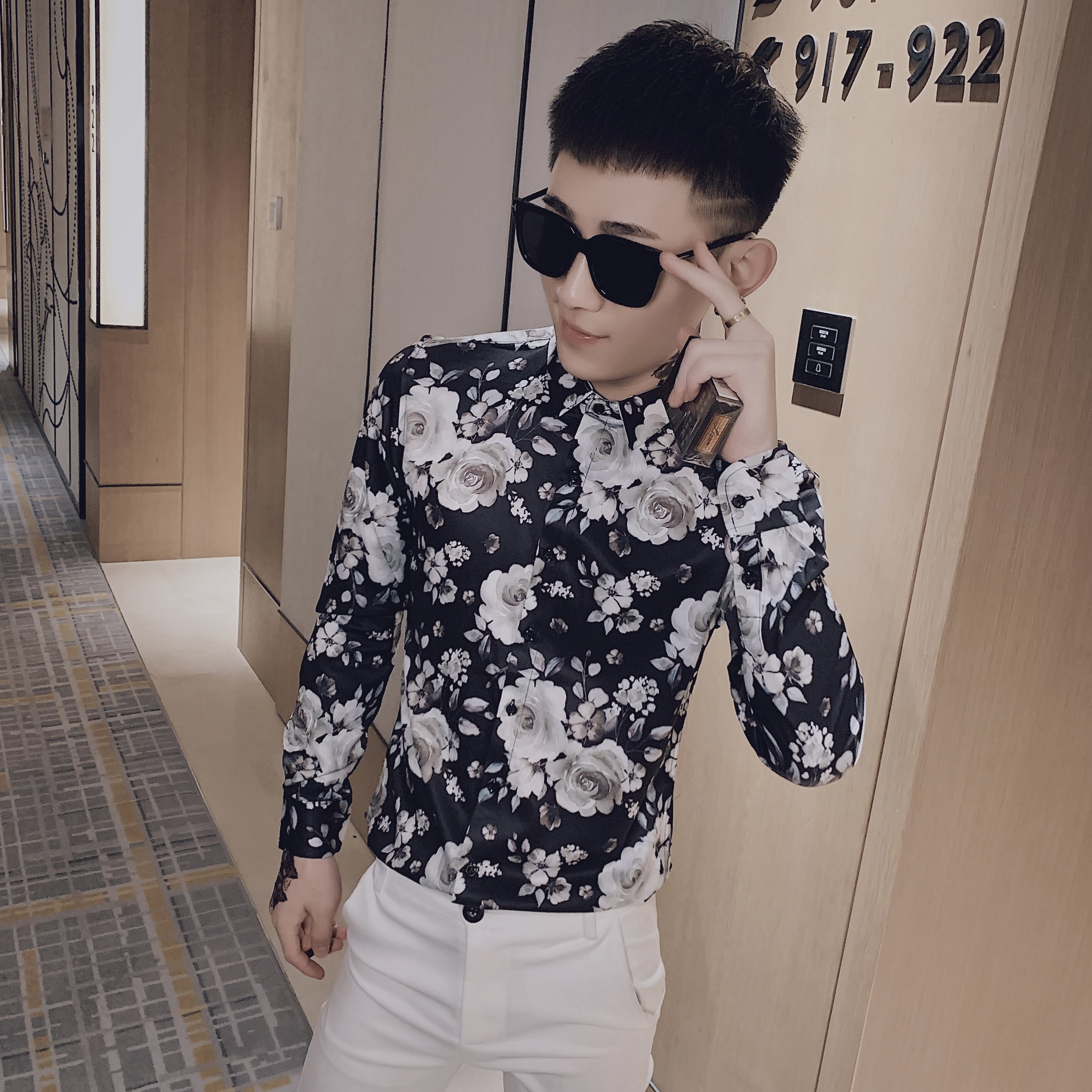C912#_黑小伙风男士韩版修身社会长袖休闲印花衬衫潮男P58,男装衬衫,电商C309