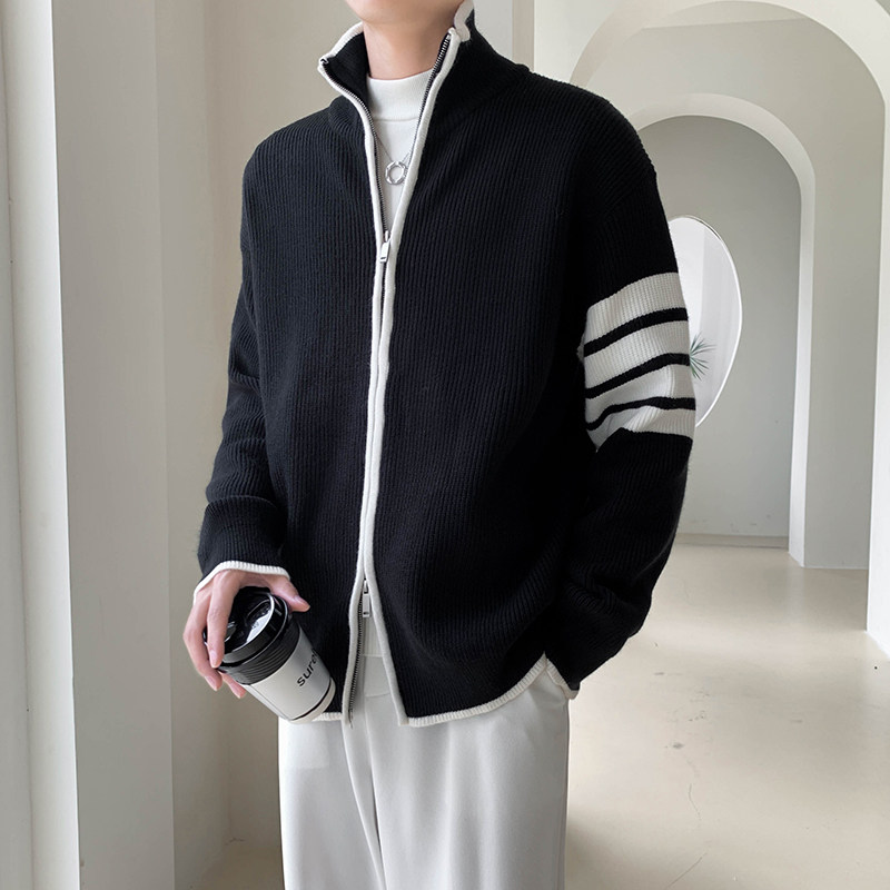 轻熟风条纹拼色男士拉链开衫长袖毛衣外套8203#P125，男装针织衫/毛衣，电商C309