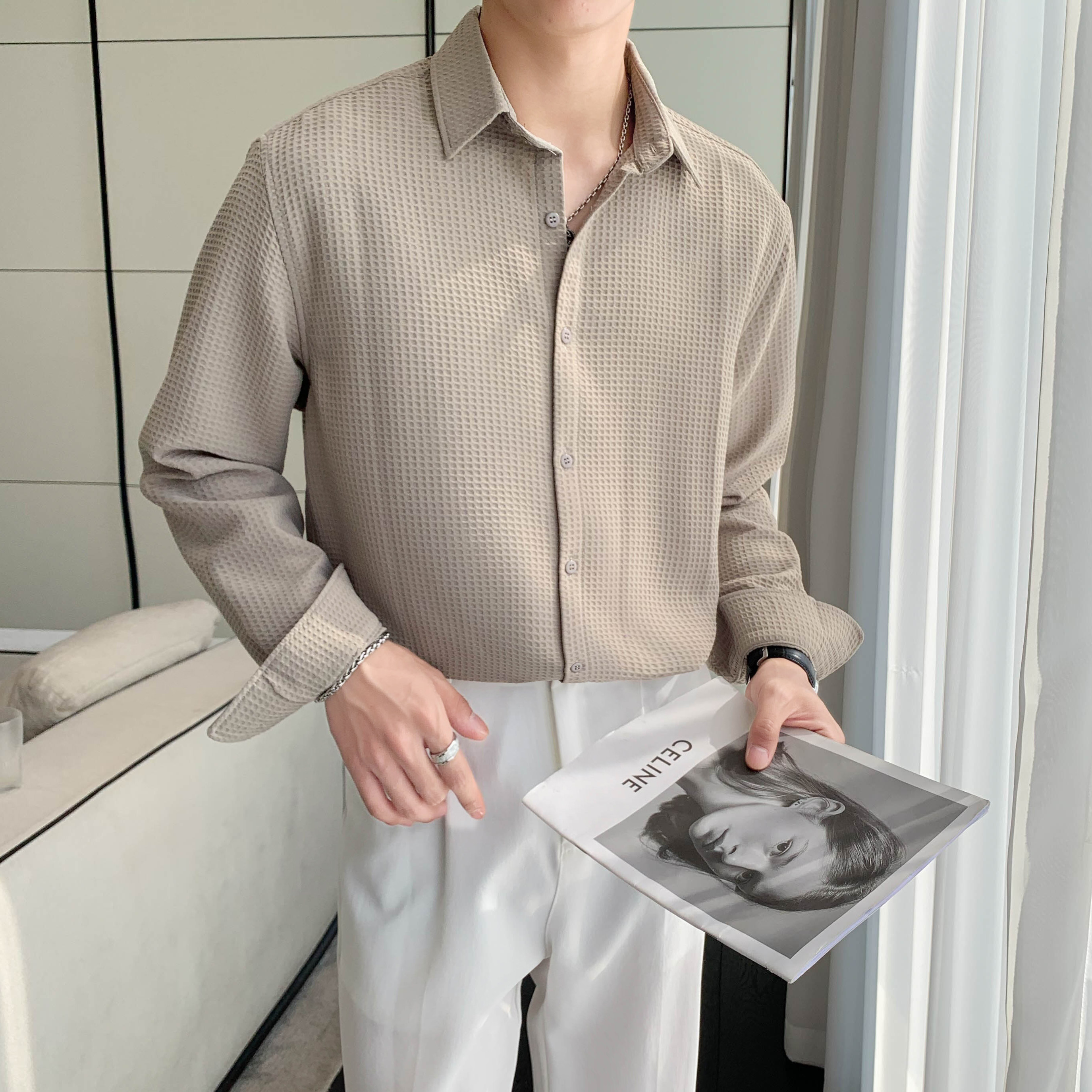 C881#黑_春秋款轻熟风华夫格男士长袖宽松休闲纯色衬衫P55,男装衬衫,电商C309