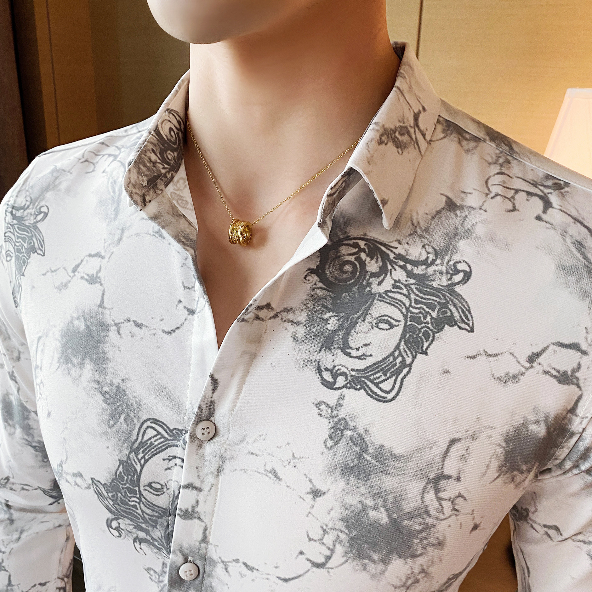 2025秋款银丝印花男士韩版长袖衬衫店主英伦潮C916#P60,男装衬衫,电商C309
