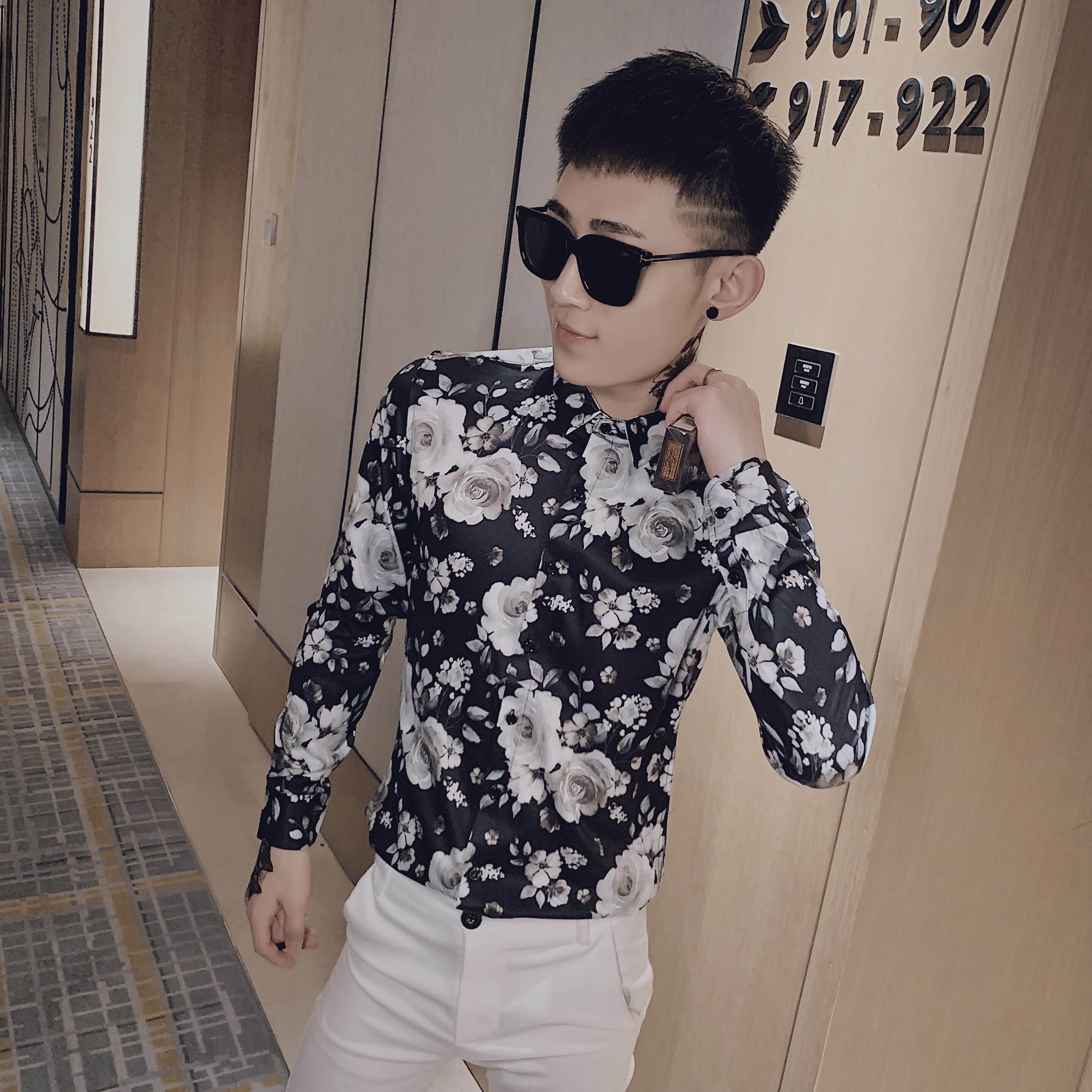 C912#_黑小伙风男士韩版修身社会长袖休闲印花衬衫潮男P58,男装衬衫,电商C309
