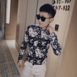 C912#_黑小伙风男士韩版修身社会长袖休闲印花衬衫潮男P58，男装衬衫，电商C309