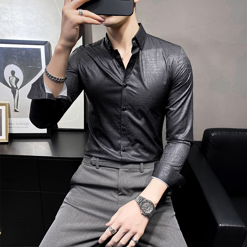 2025秋款 千鸟格印花 店主风男士韩版长袖休闲衬衫C801#P60图片