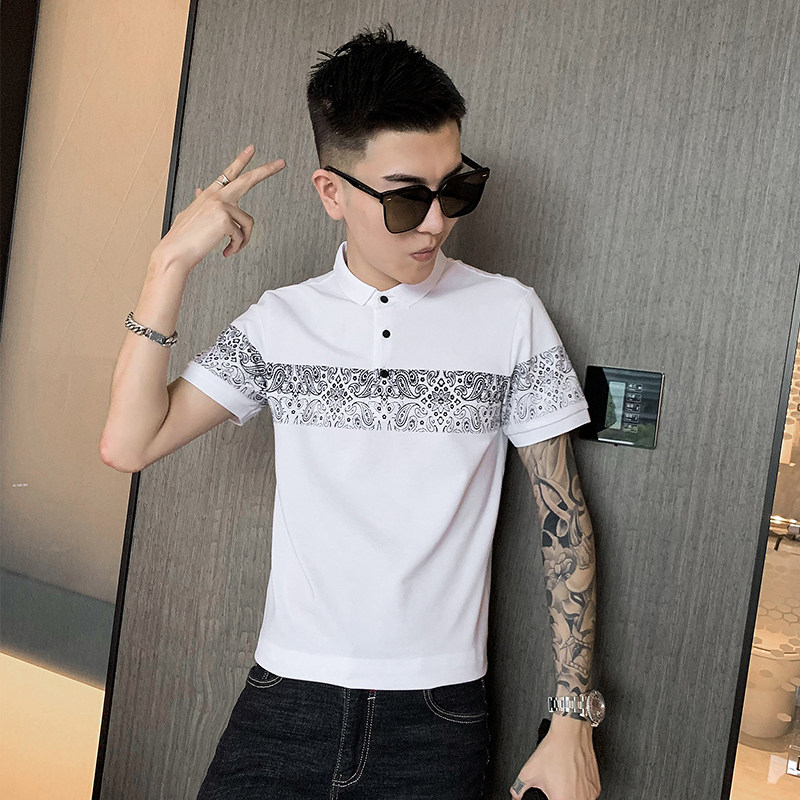 8023#袖臂时尚腰果花男士短袖休闲T恤翻领polo衫潮P58,男装T恤,电商C309