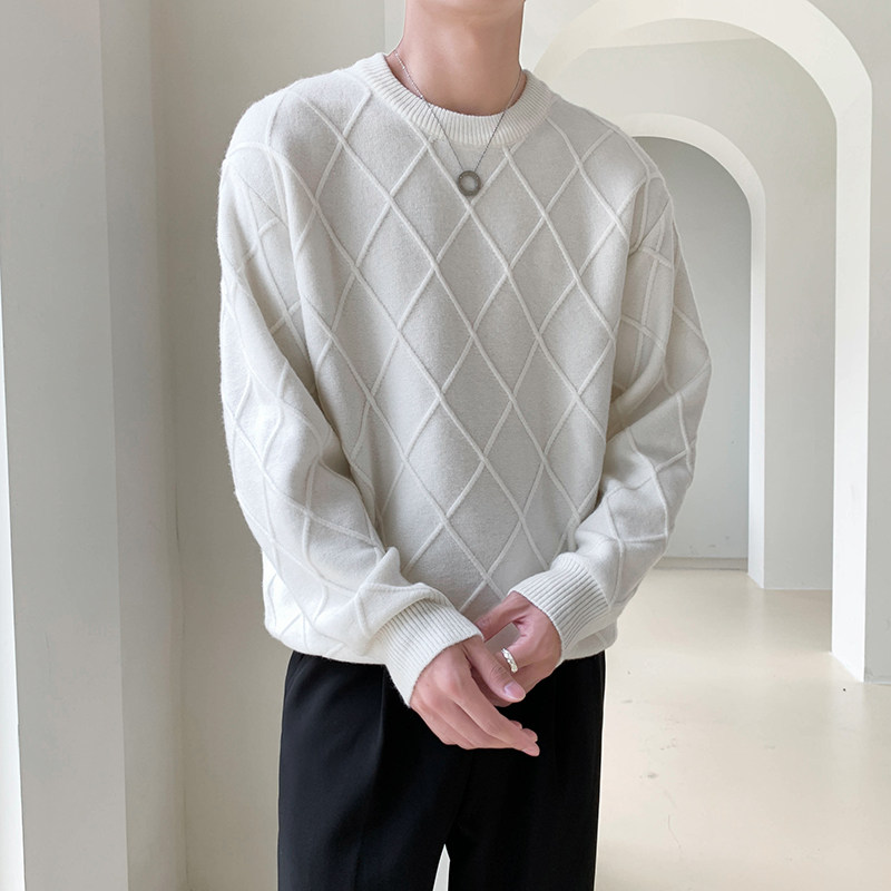 白_轻熟风菱形格纹男士圆领长袖毛衣套头针织衫8205#P105,男装针织衫/毛衣,电商C309