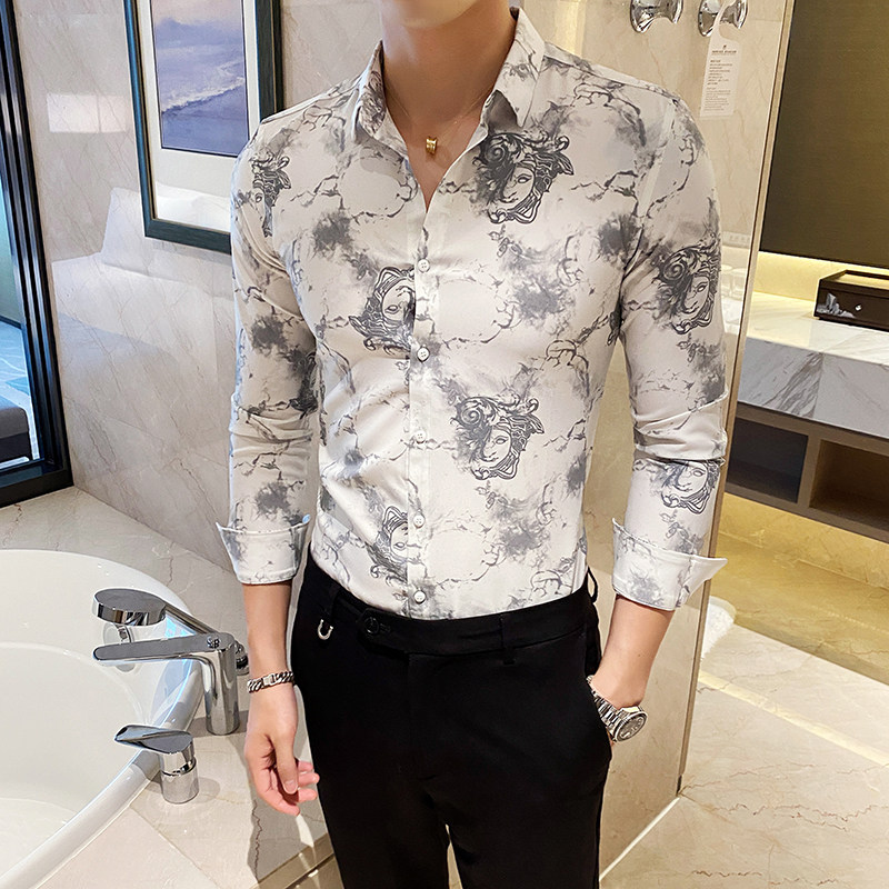 2025秋款银丝印花男士韩版长袖衬衫店主英伦潮C916#P60,男装衬衫,电商C309