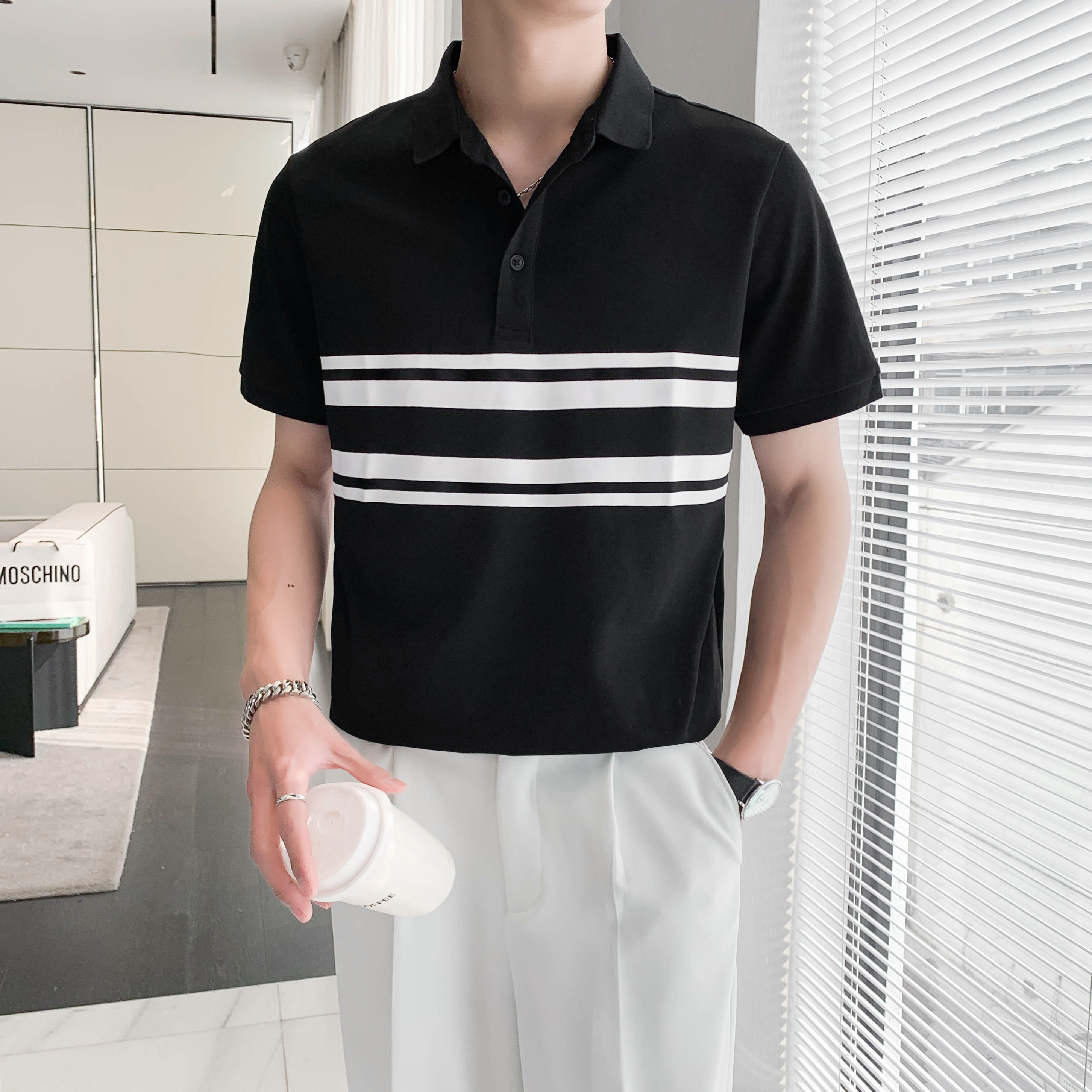 9005#_绿条纹拼接印花polo衫男轻熟店主翻领短袖休闲T恤潮P55,男装T恤,电商C309