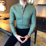 C66_黑商务休闲英伦店主男士长袖衬衫立领休闲衬衫男P55控78，男装衬衫，电商C309