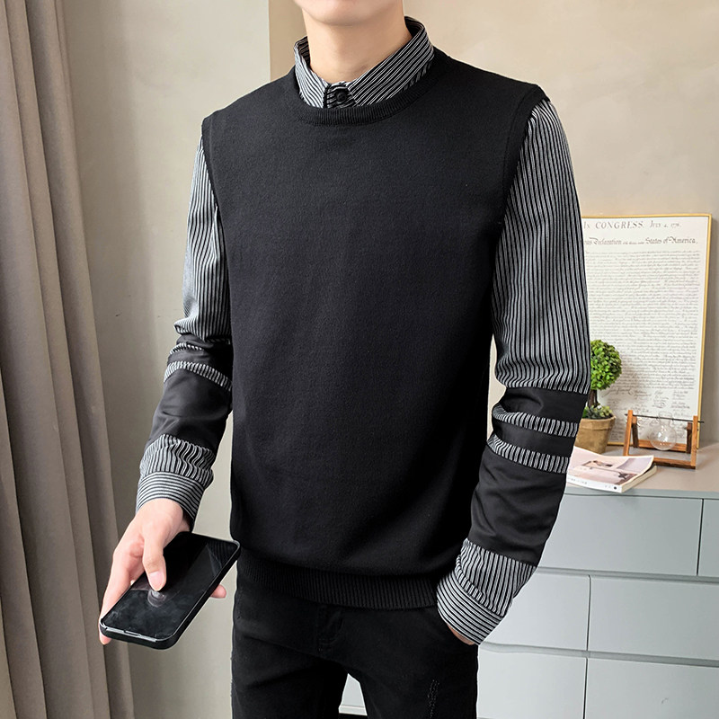 8215#P105秋冬款袖口拼接男士假两件条纹针织衫长袖套头毛衣，男装针织衫/毛衣，电商C309