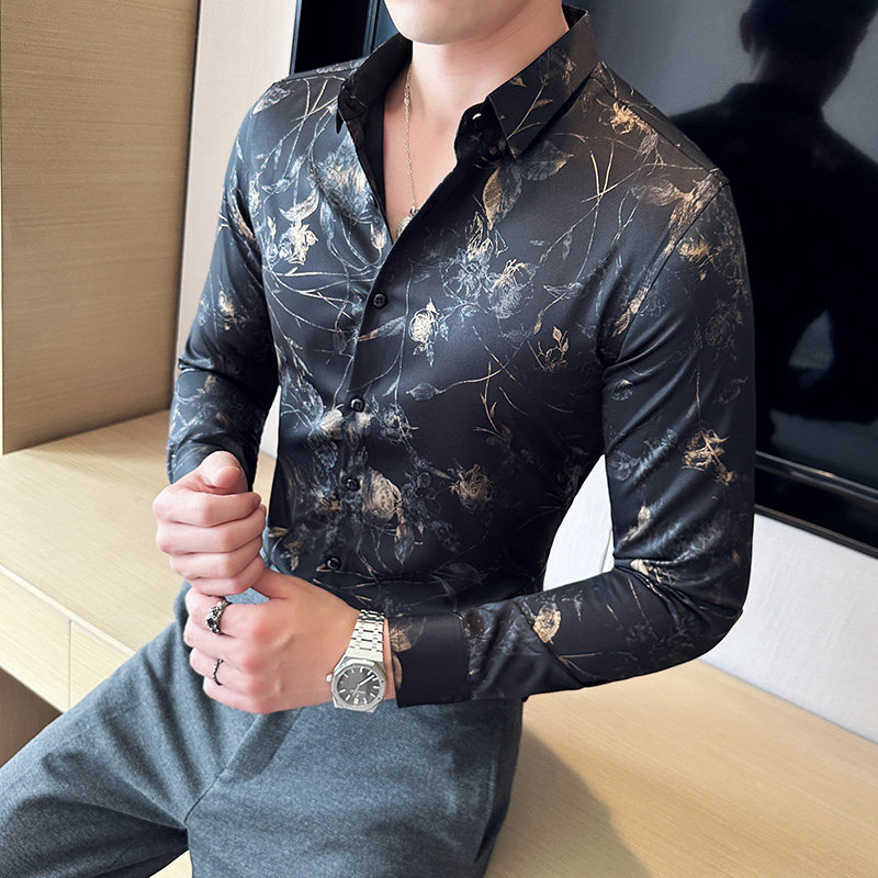 2025秋季新款金丝边叶印花男士精品长袖休闲衬衫潮621#P58,男装衬衫,电商C309