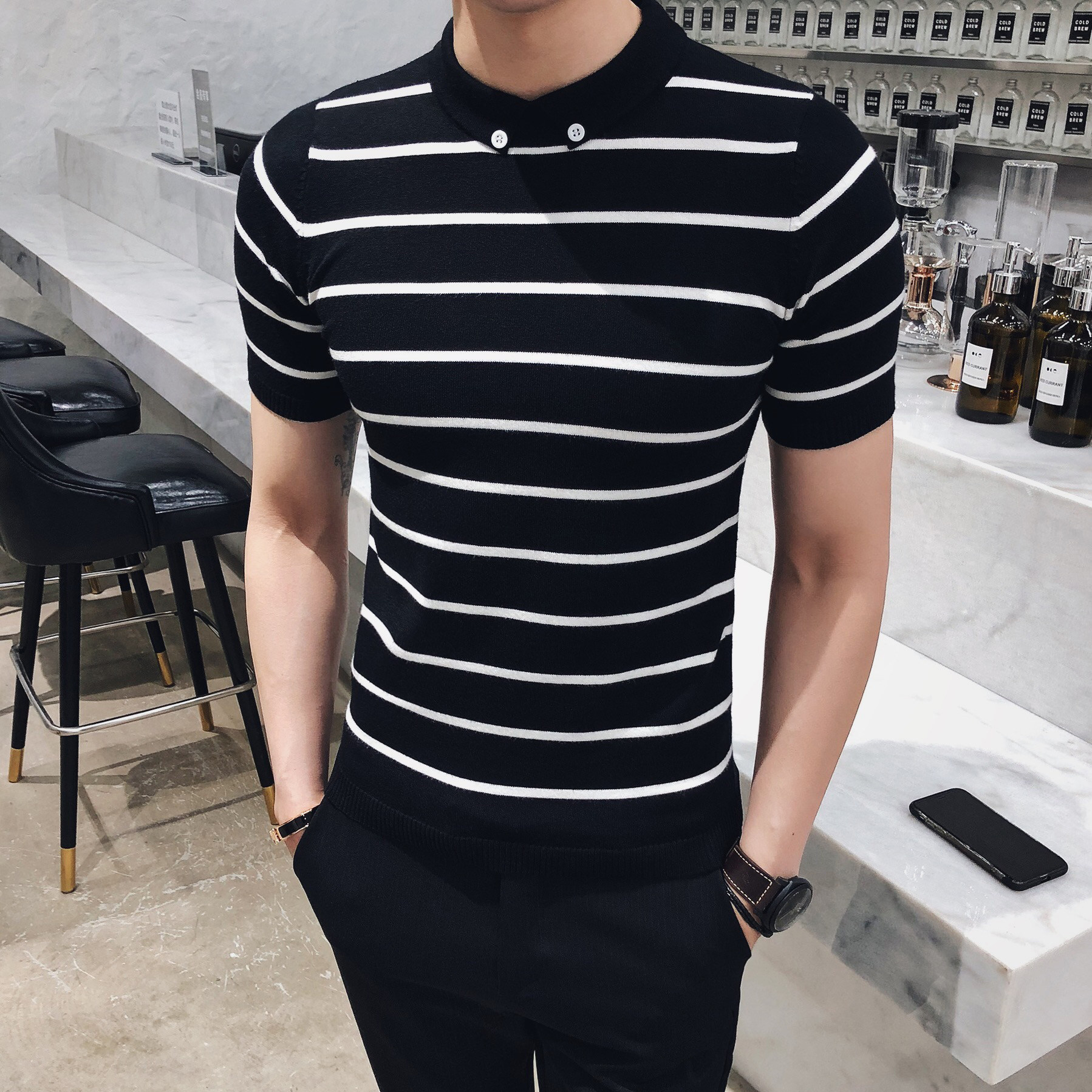 春夏季经典条纹翻领双粒扣男士休闲针织短袖polo衫V20#P55,男装T恤,电商C309