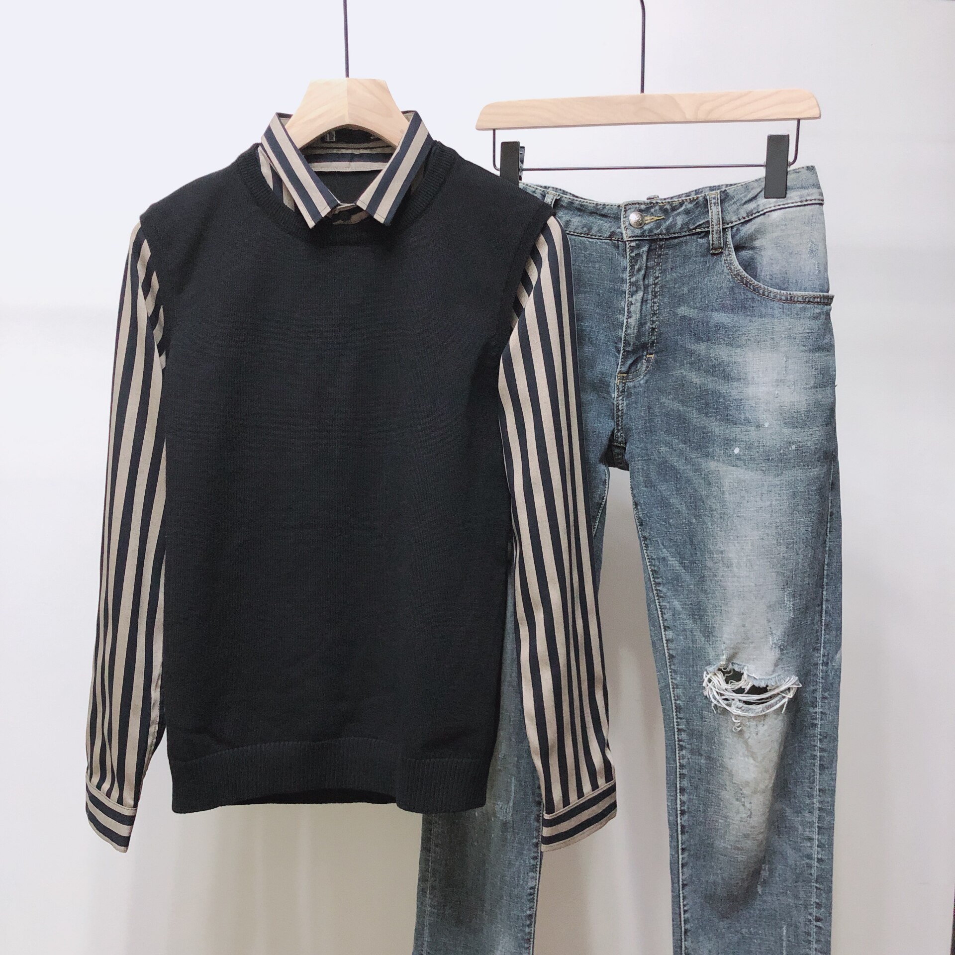 加绒加厚高品质针织衫假两件男士套头休闲毛衣男M6613_P100,男装针织衫/毛衣,电商C309