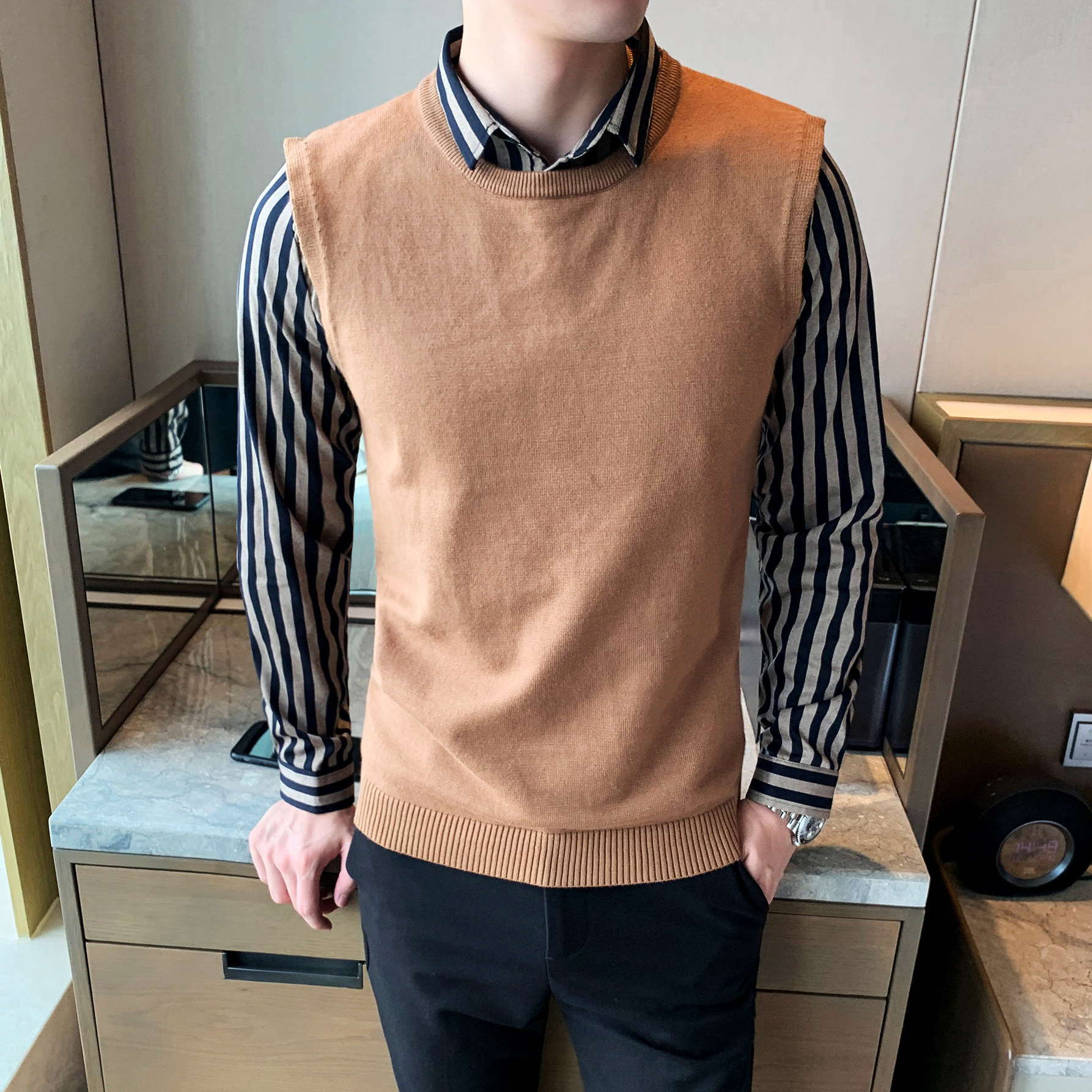 6613#秋冬款假两件高品质竖条纹衬衫针织背心套头毛衣男P95,男装背心/马甲,电商C309