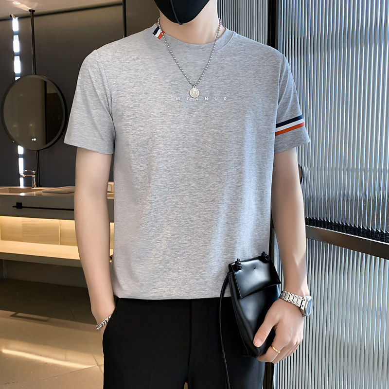 23366#夏季新款印花编织带条纹男士圆领T恤纯色短袖潮特P48控78,男装T恤,电商C309