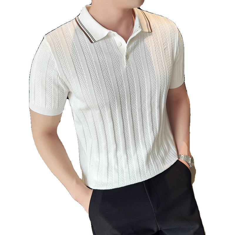 2025新款春夏冰丝翻领针织衫男士条纹短袖polo72031/P62,男装T恤,电商C309