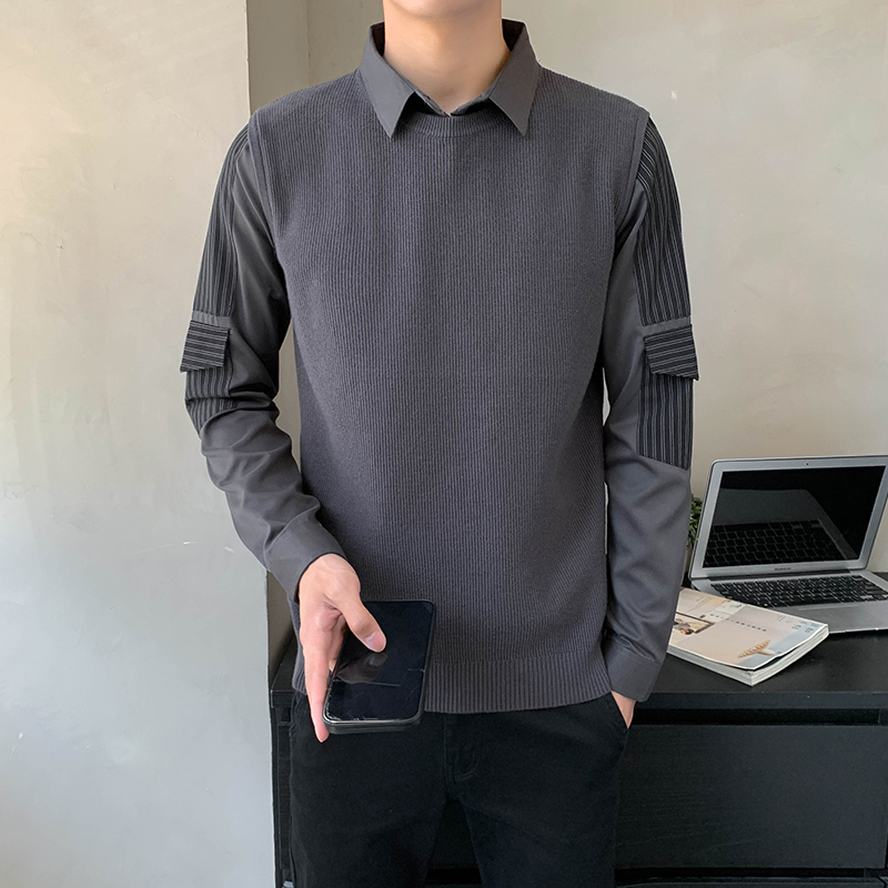 8932#秋冬新款条纹拼接口袋高品质男士针织衫假两件套头毛衣P105，男装针织衫/毛衣，电商C309