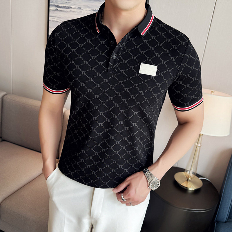 春夏新款翻领polo衫男字母条纹男士商务休闲短袖T恤衫9502/P58,男装Polo衫,电商C309