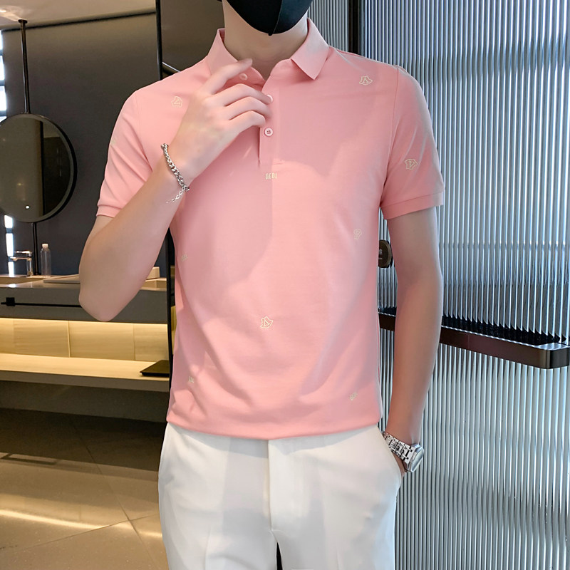 21010#粉夏新款V字刺绣精品男士纯色polo衫男翻领T恤潮特P48控78,男装T恤,电商C309