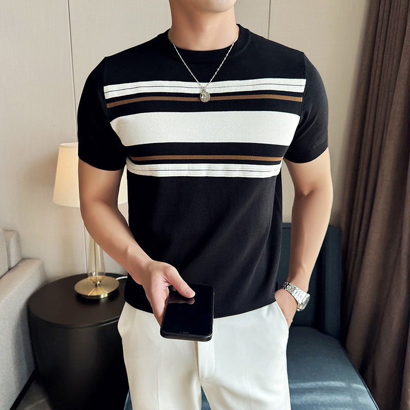 春夏新款条纹拼色男士冰丝圆领商务休闲针织衫72019/P58,男装针织衫/毛衣,电商C309