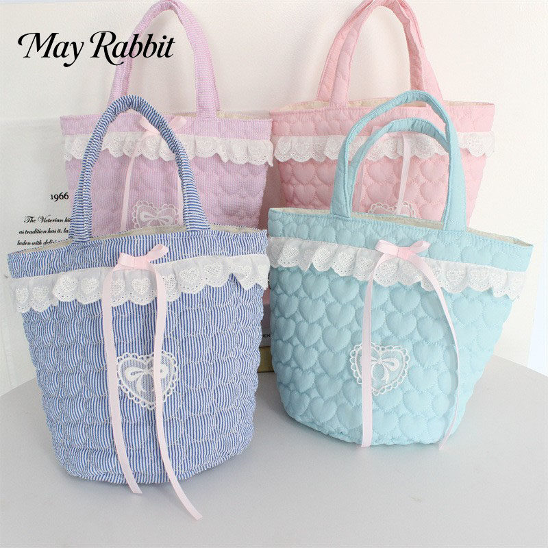 MAYRABBIT 可爱少女蕾丝爱心手拎包大容量便携水桶包高颜值便当包
