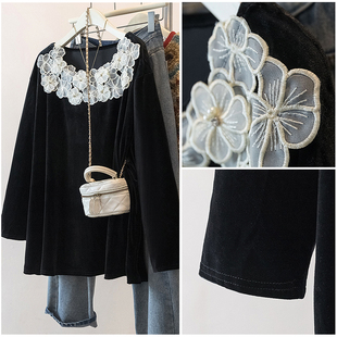 时尚 2025秋季 宽松休闲减龄上衣 女装 胖mm洋气轻奢丝绒拼接衬衫