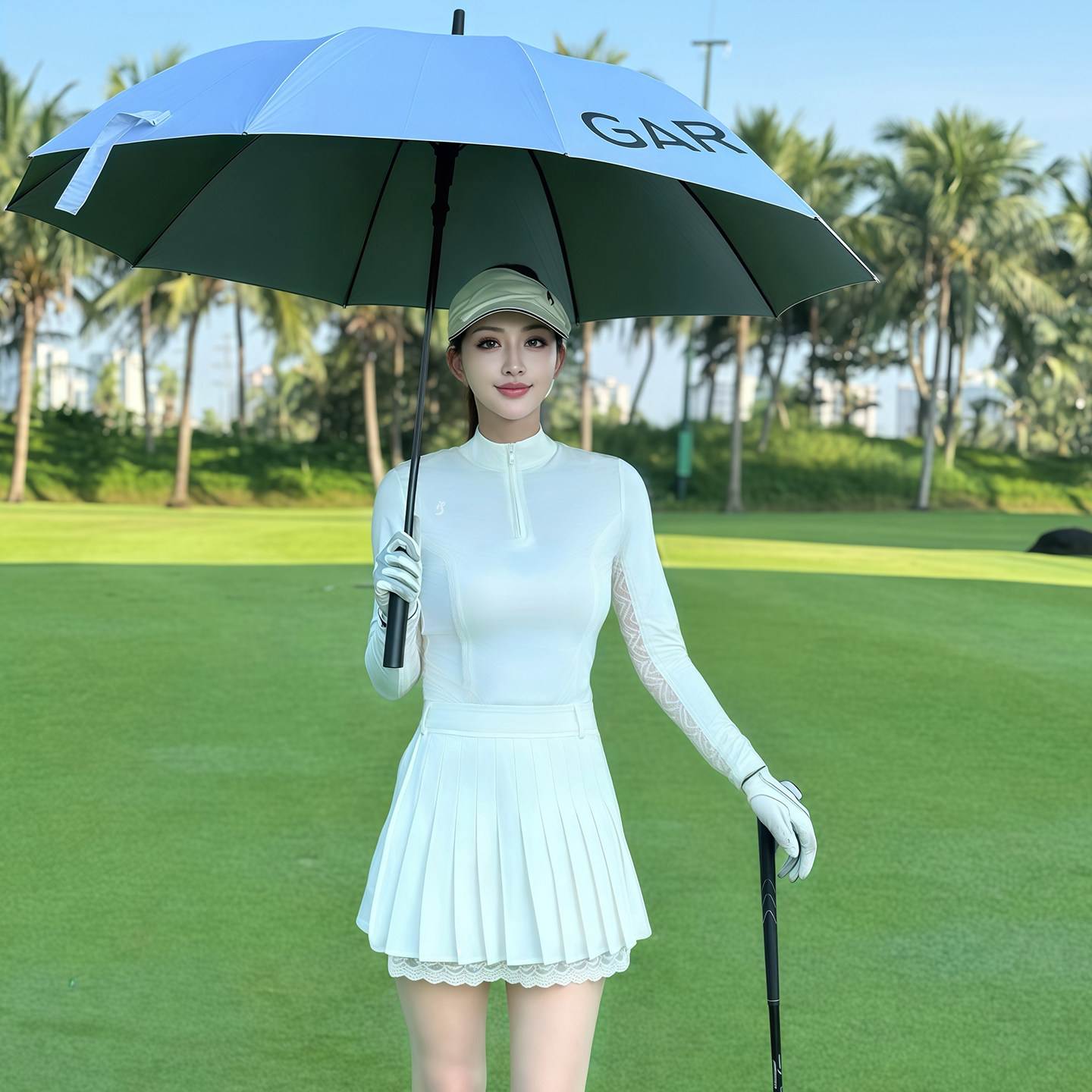 TASHI GOLF冰丝防晒蕾丝长袖POLO衫上衣高尔夫服装女白色短裙裤ig