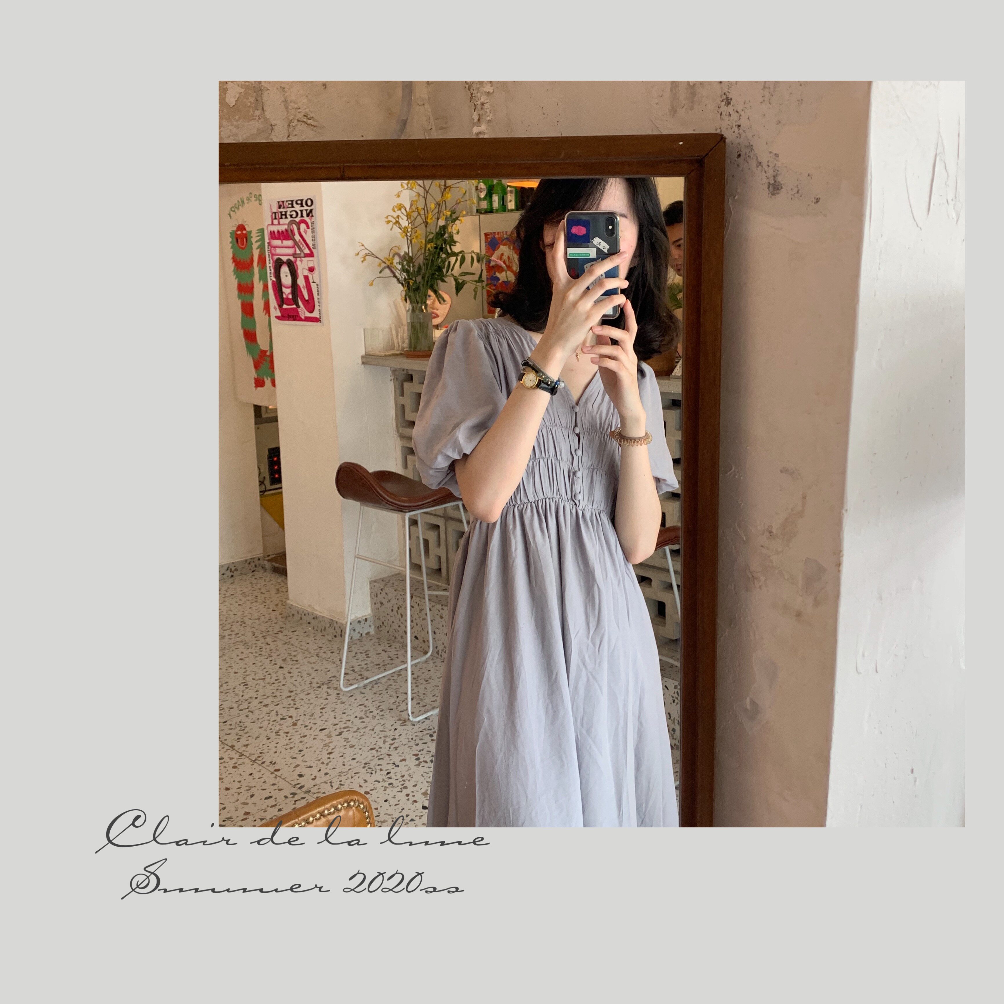 Clair de la lune_敲舒服 低饱和度雾灰紫 胸前褶皱 公主袖连衣裙