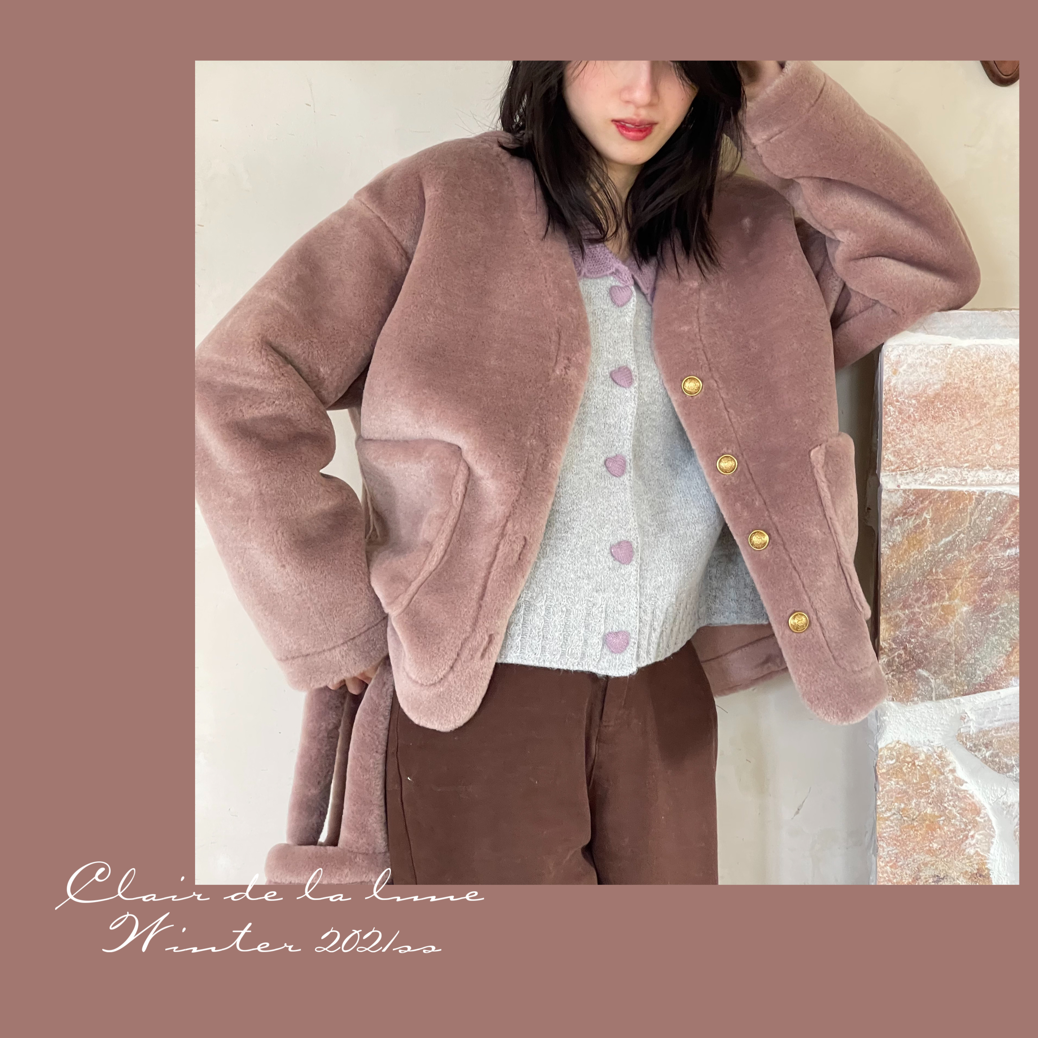 Clair de la lune_《糯糯紫米糕》小v领貂绒感羊羔外套送羊羔小包