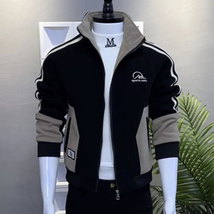 休闲风男士立领夹克冬季拼色短款修身加绒加厚保暖外套痞帅夹克潮