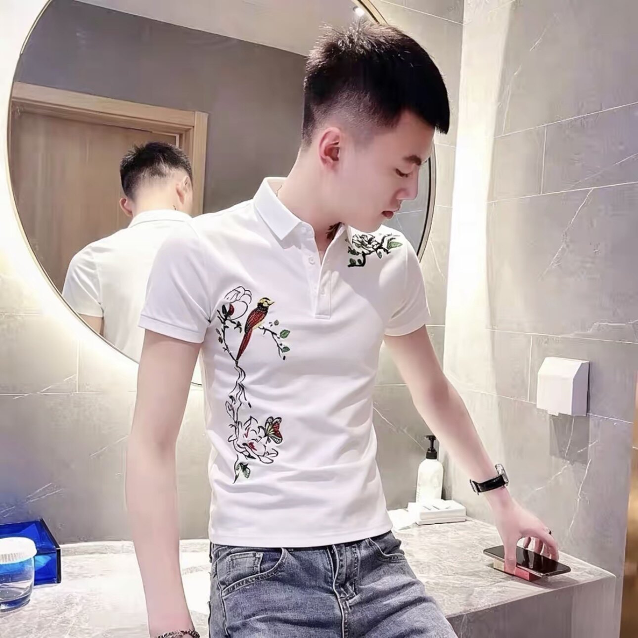 男士短袖翻领POLO衫白色刺绣图案修身韩版潮流T恤夏季时尚短袖潮.