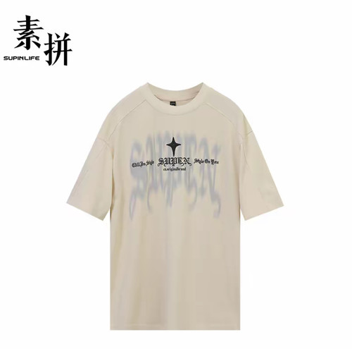 素拼男装D夏季新款T恤短袖杏色休闲风复古图案纯棉SPADT523234AM