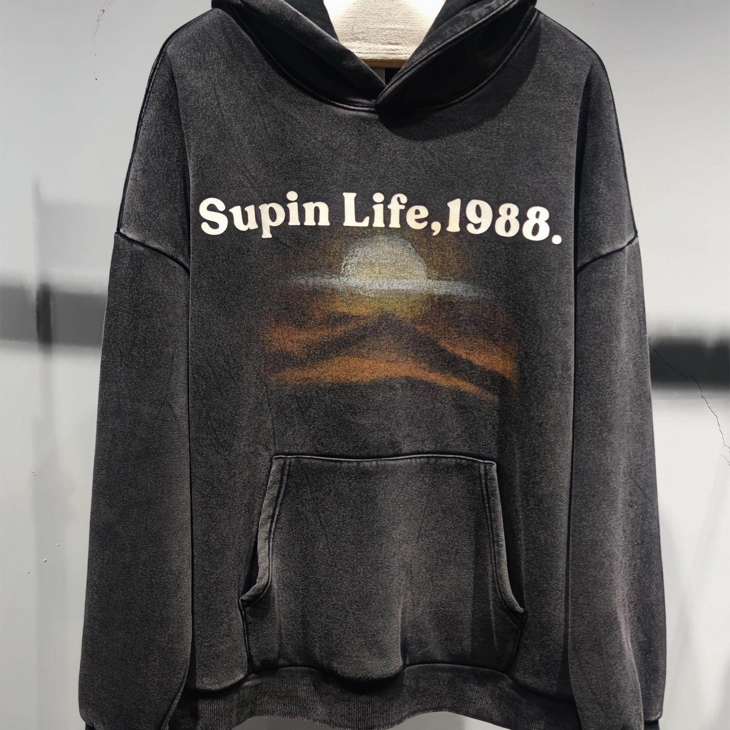 素拼男装冬季新品卫衣加绒厚款连帽特宽美式复古做旧潮牌印花