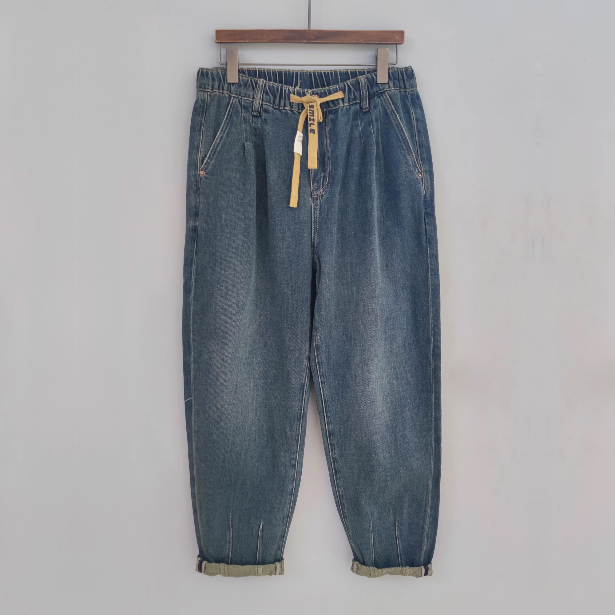 素拼男装春秋季新款牛仔裤潮牌水洗系带宽松小脚SPBZK411078AM