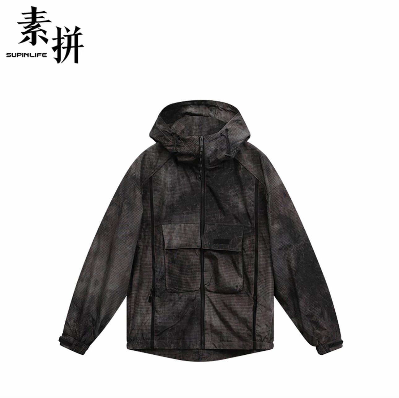 素拼男装秋季新款外套外衣夹克长袖拉链黑格连帽SPAWT535076AM