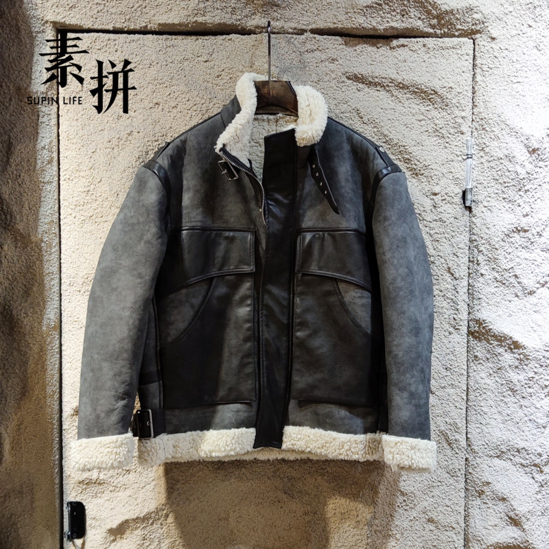 素拼男装冬季新款棉服夹克厚款加绒仿皮亮面潮牌宽松羊羔绒外套