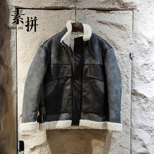 棉服夹克厚款 新款 加绒仿皮亮面潮牌宽松羊羔绒外套 冬季 素拼男装