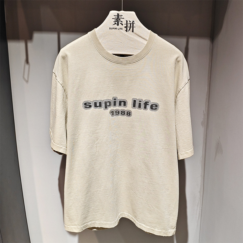 素拼男装D春夏季新款短袖T恤特宽做旧毛边印花纯棉oversize