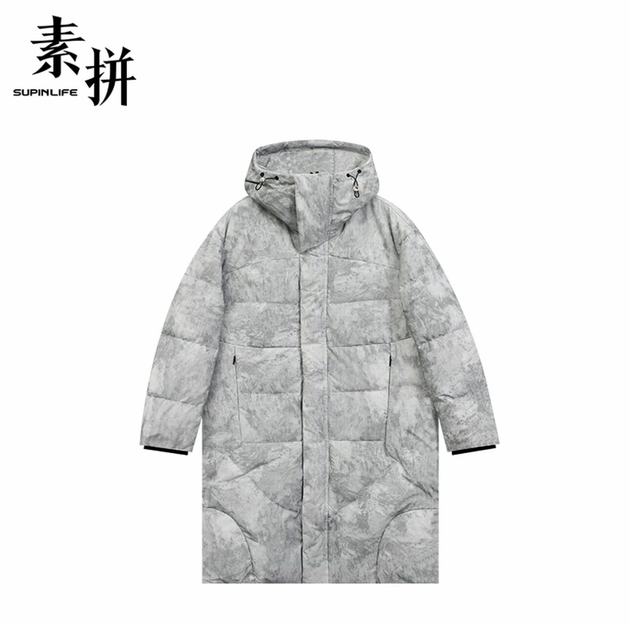 素拼男装冬季新款长款羽绒服宽松长袖花灰连帽鸭绒90绒保暖恒温