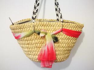 新款玉米皮编织单肩包彩色大丝巾肩挎包异域风情森系草编包